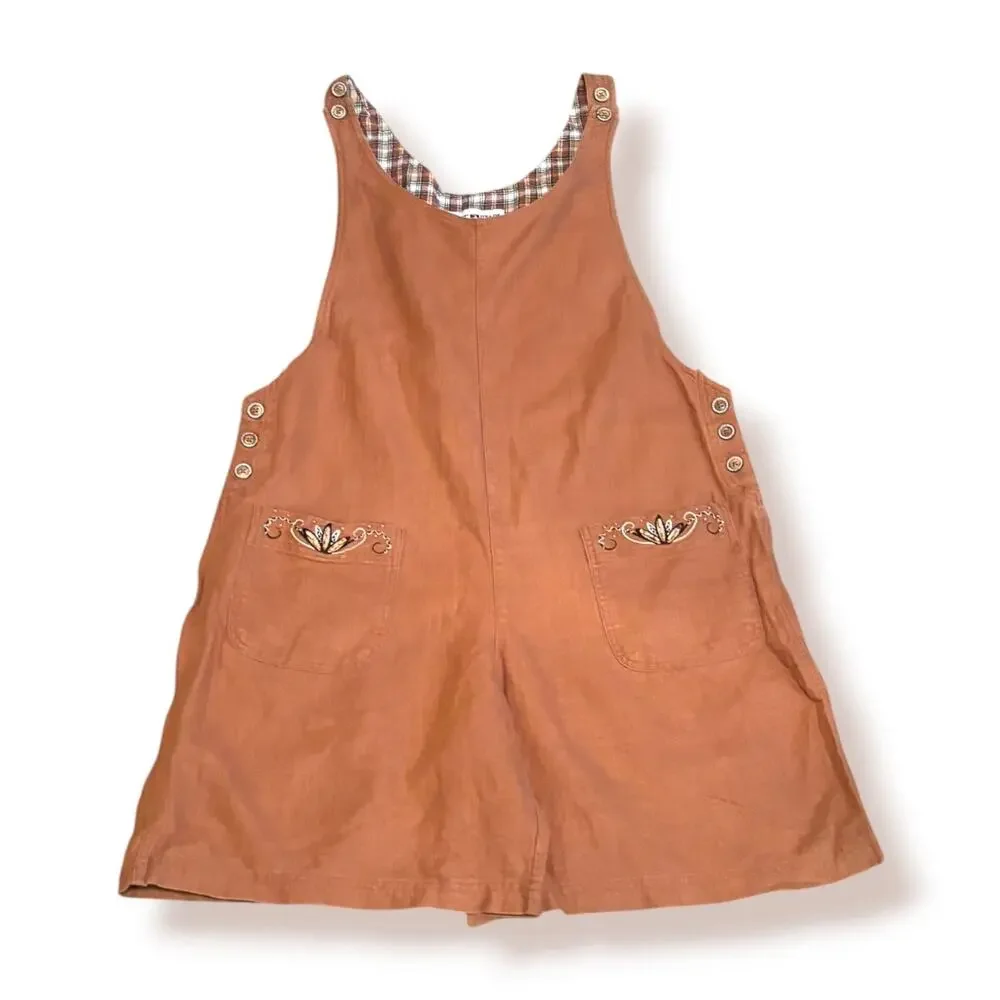 Vintage Linen Cotton Romper Brown Embroidered Boho Cottagecore Short Overall